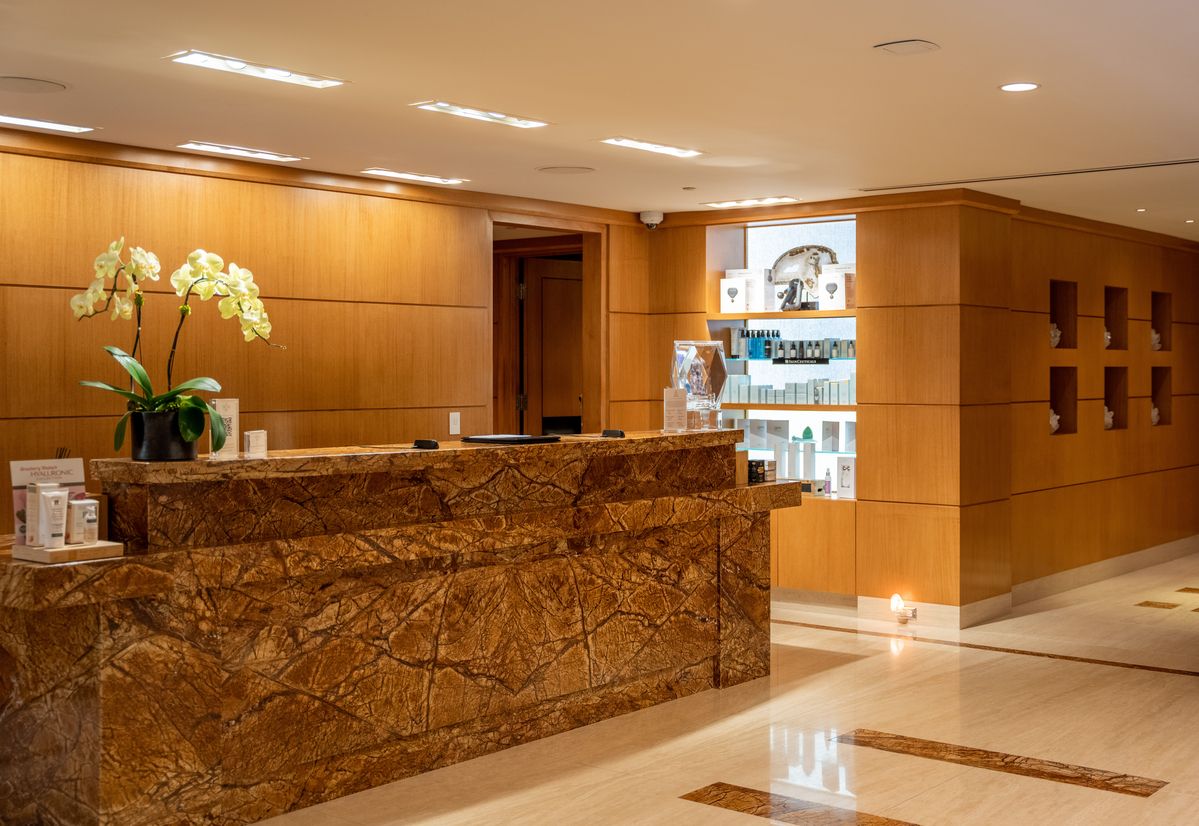 Spa reception desk with an orchid plant