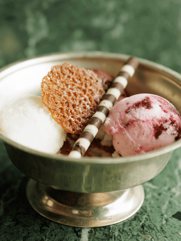 bowl of ice cream and wafers