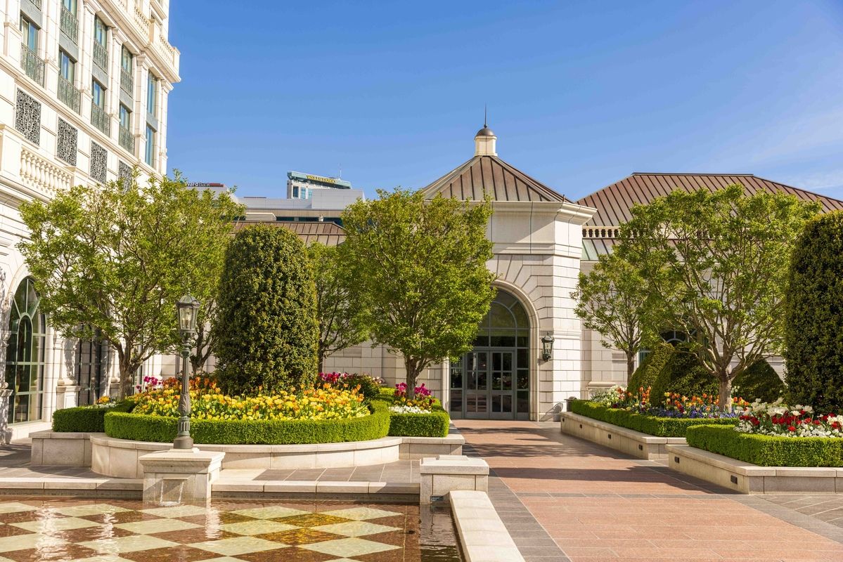 courtyard with landscaping and tulips blooming