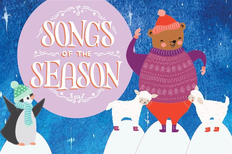Illustration of a bear and penguin in sweaters and hats with two lambs in front of a snow globe that has the text "Songs of the Season"
