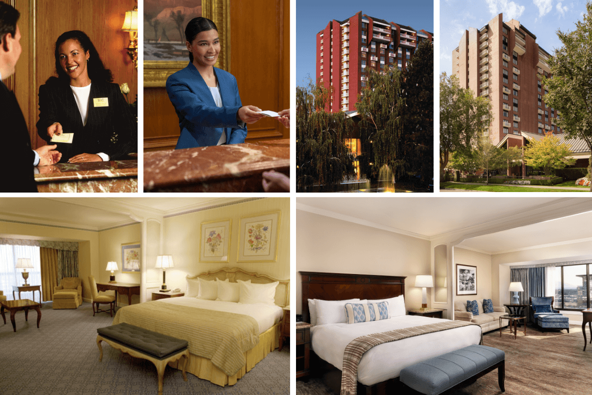 Then and now collage of front desk agents, tower rooms, and building exterior