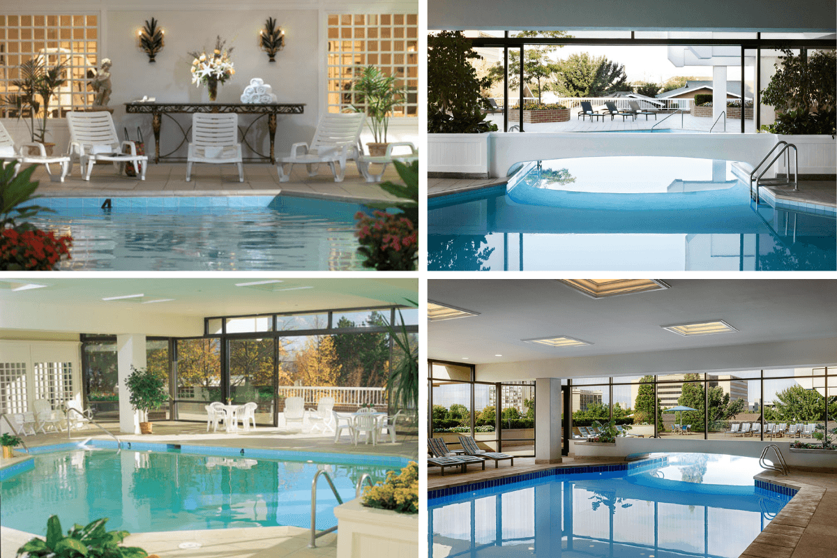 Indoor out door pool then and now collage