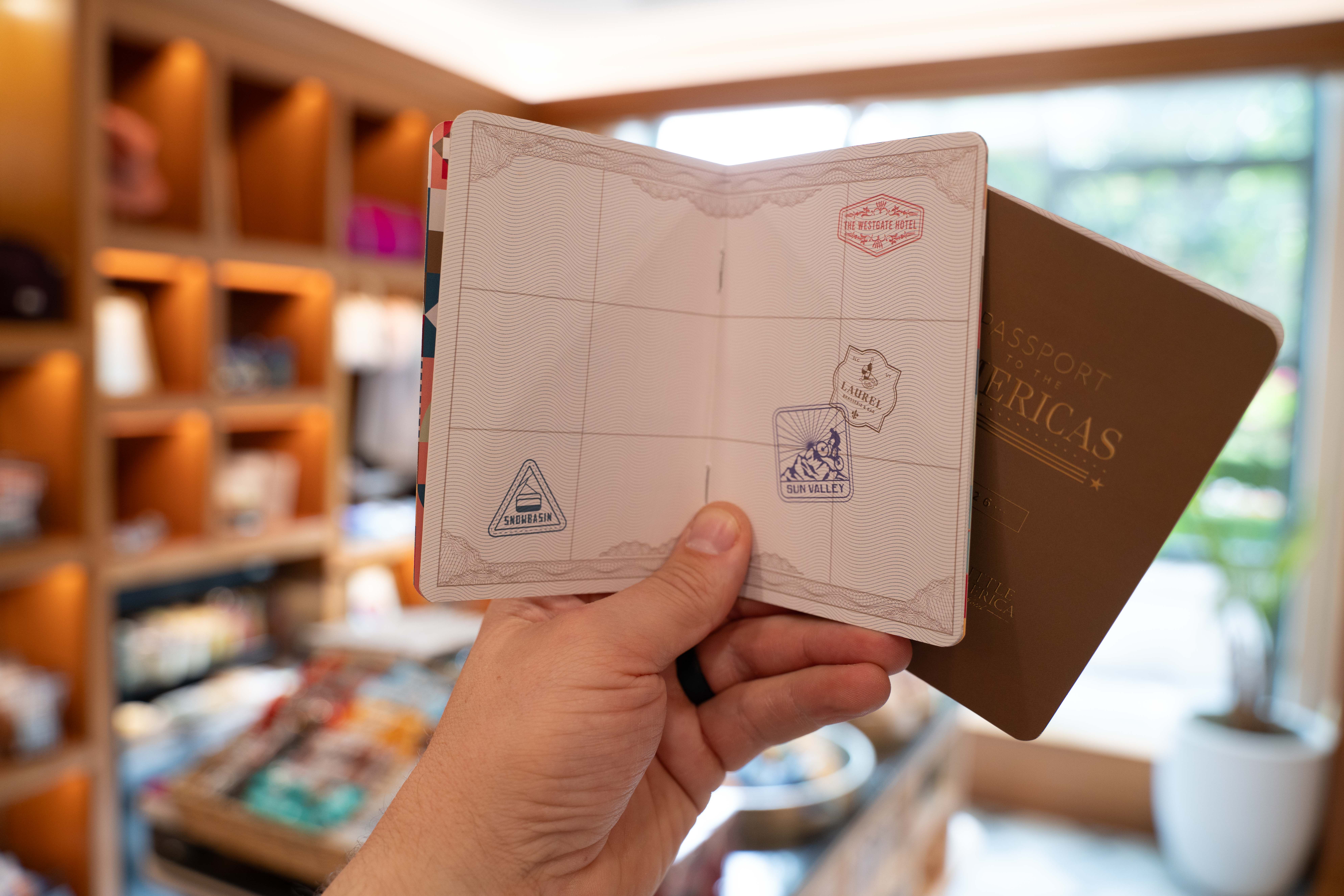 Hand holding up two passports in Sunlight Sundries