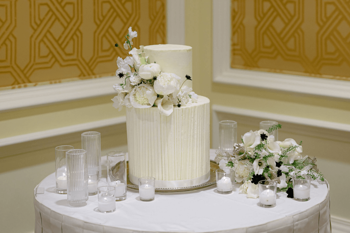 Wedding cake is on display in the Little America Ballroom.