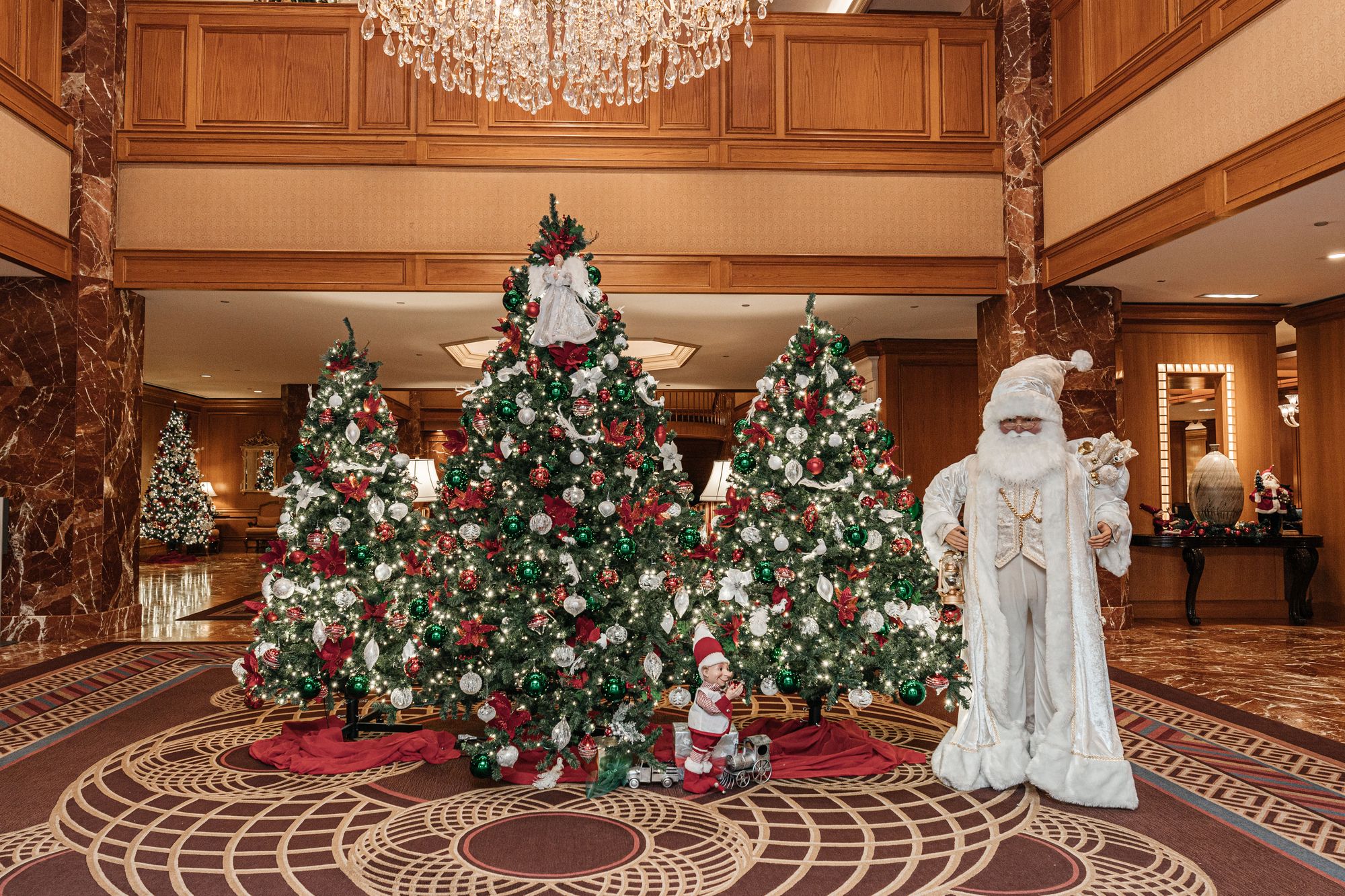 lobby decorated with christmas decorations