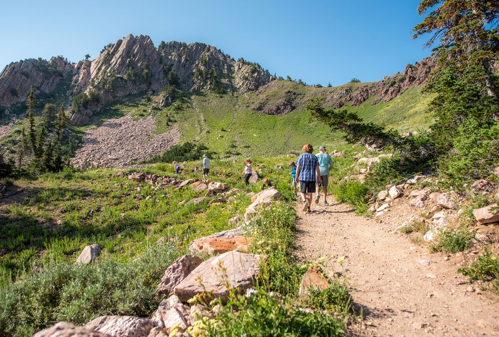 Family hiking in the summer at Snowbasin Mountain Resort in Ogden, Utah.